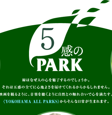 5感のPARK 緑はなぜ人の心を魅了するのでしょうか。それは五感の全てに心地よさを届けてくれるからかもしれません。映画を観るように、音楽を聴くように自然との触れ合いで心を満たす。〈YOKOHAMA ALL PARKS〉からそんな日常が生まれます。